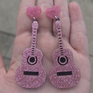 Pink Glitter Guitar Earrings